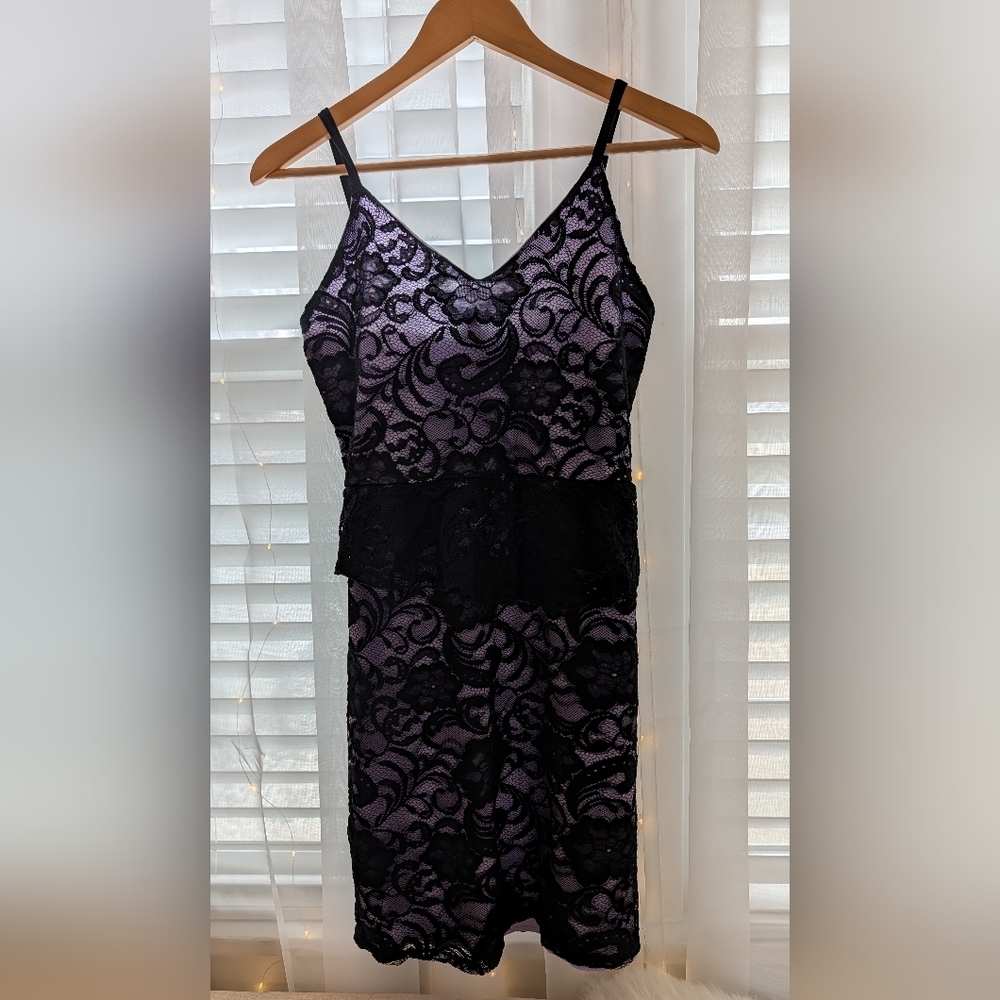 Blu:m Elegant Black Lace Mini Dress with Purple Underlay